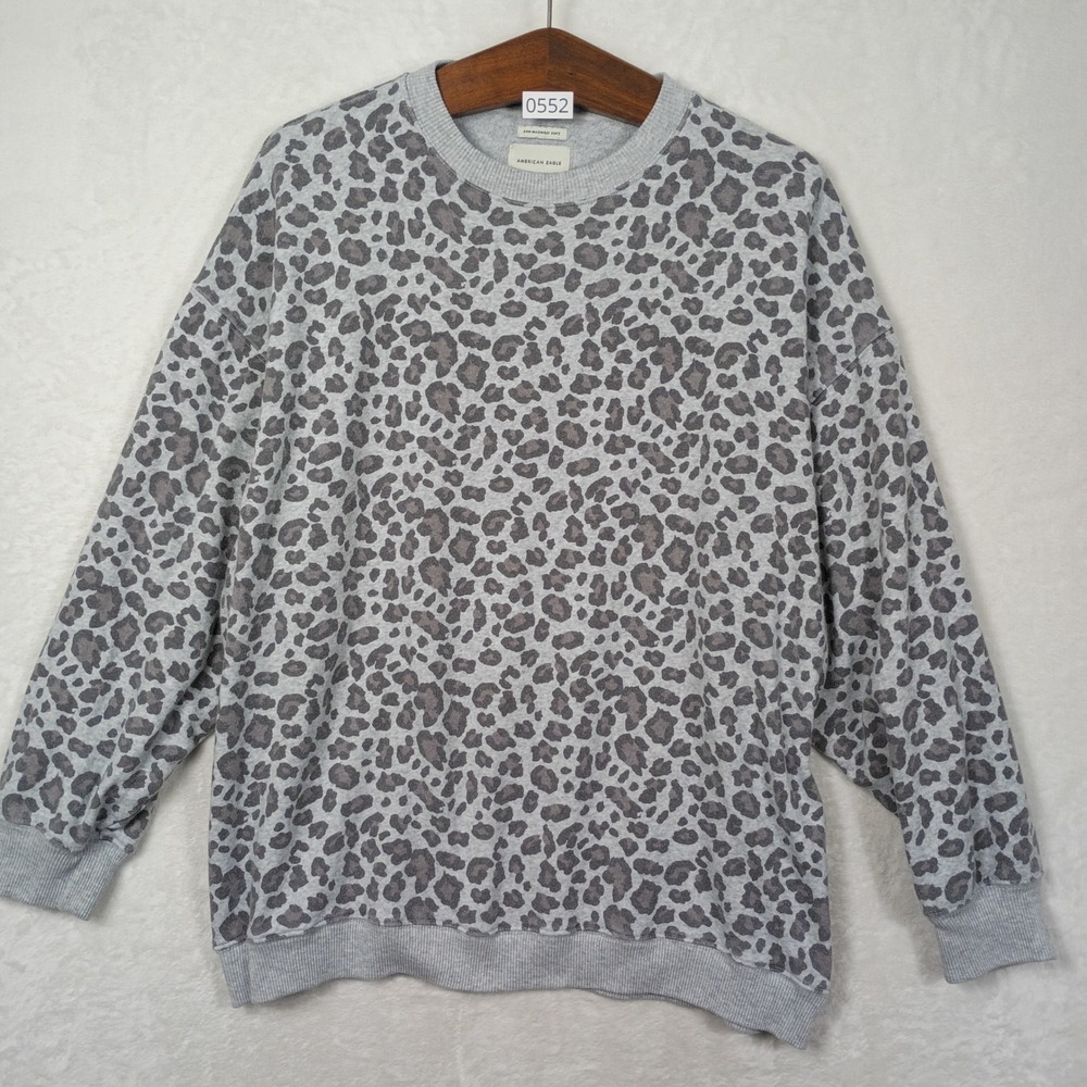 American Eagle Sweatshirt Womens Medium Gray Leopard Print oversize Fit Y2K Boho